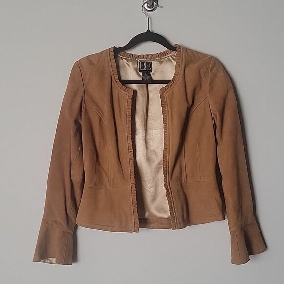 NEW INC Suede P 0 Leather Brown Tan Camel Ruffle Blazer Fitted Boho Jacket Bell - Picture 13 of 16